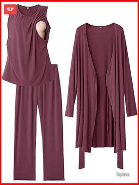 Nursing Pajama Set Long Sleeve Gown Tank Top Pants Maternity Postpartum 3 Piece